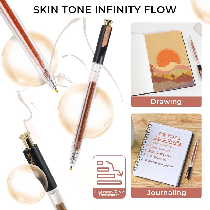 ZSCM Retractable Glitter Gel Pens, 12 Colors Large Capacity Skin Tone Glitter Metallic Gel Ink Pens, 1 mm Fine Point Smooth Writing Color Pens for Adult Coloring Book Note Taking Aesthetic Art Supplies - Image 5